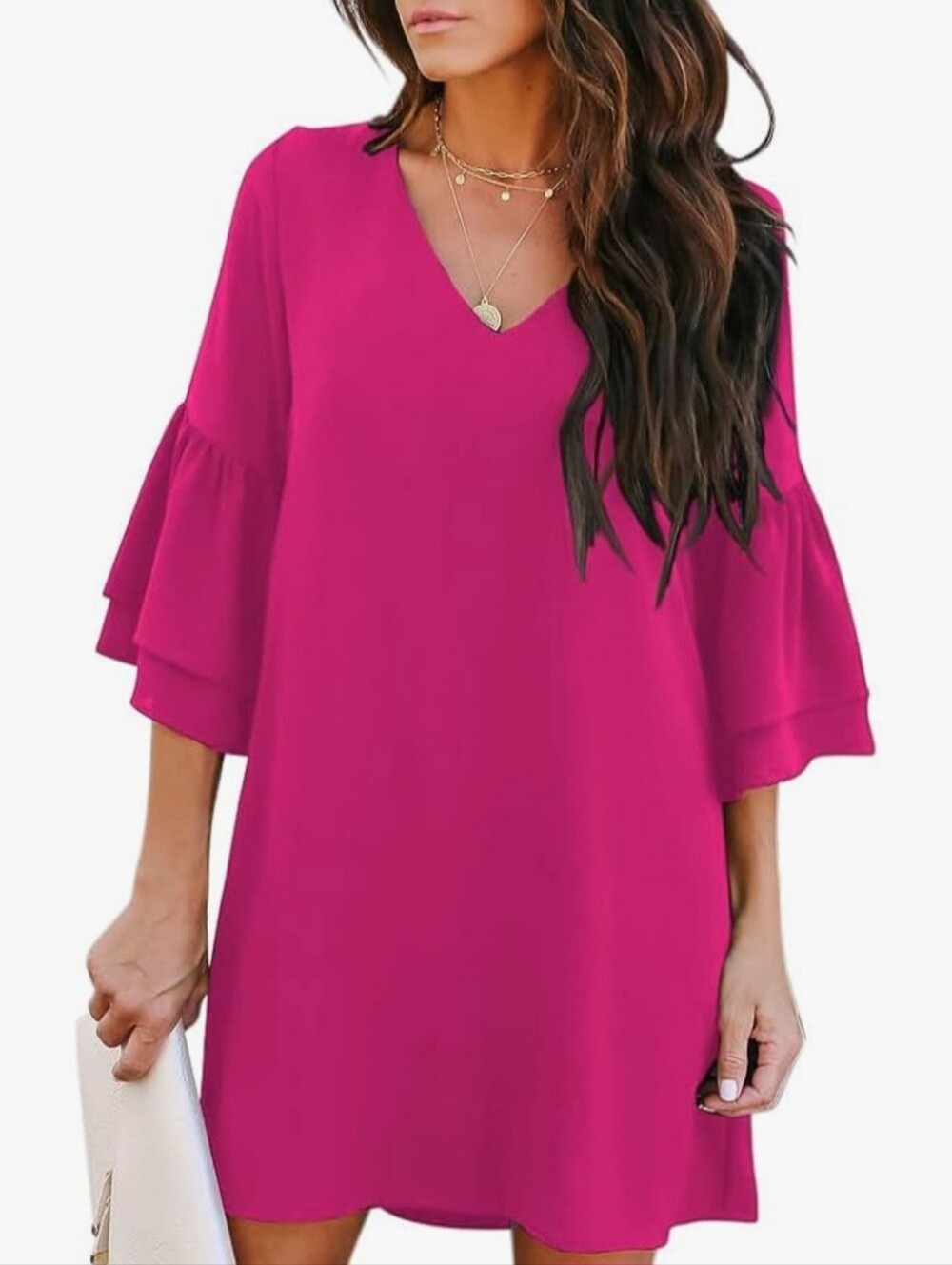 Belongsci Hot Pink V-Neck Bell Sleeve Shift Mini Dress -  Size Large - NWOT